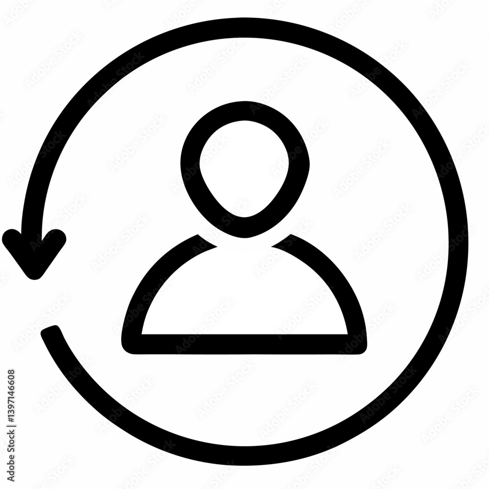 Single user with circular arrow outline icon on white background Single user with circular arrow outline icon on white background