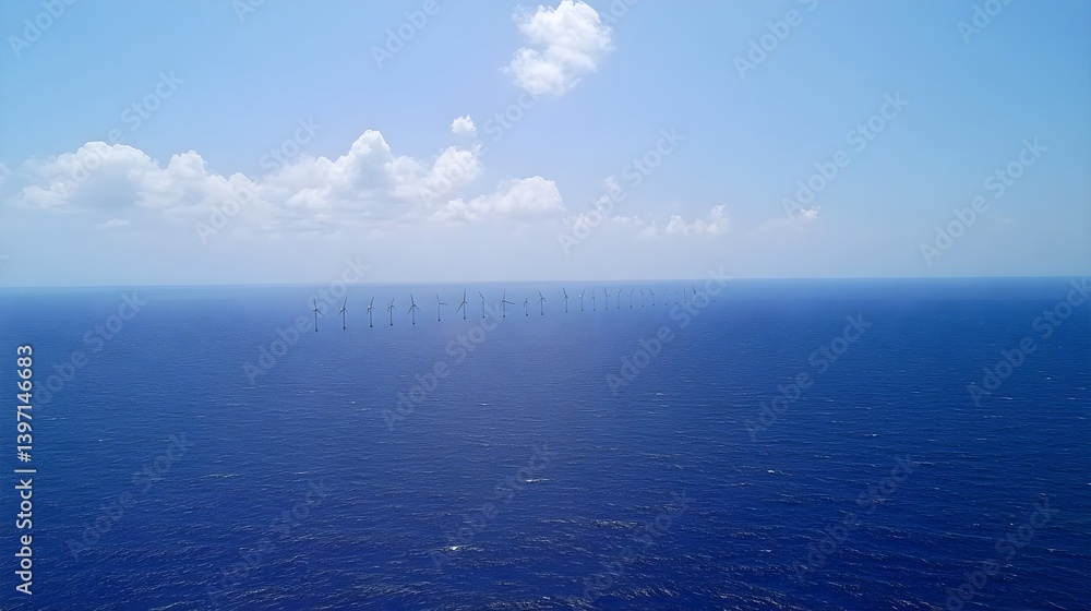 Obraz premium Aerial View of Ocean Wind Turbines in Clear Blue Sky