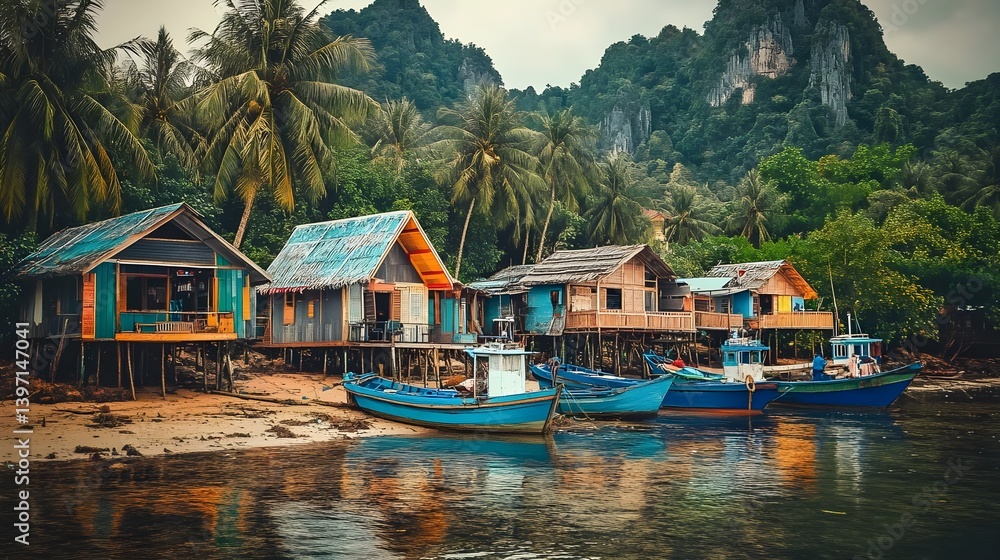 Naklejka premium Rustic Fishing Village with Wooden Houses on Stilts by the Water