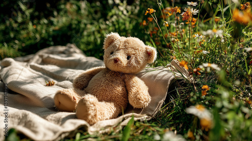 Teddy bear resting on picnic blanket in grassy park  