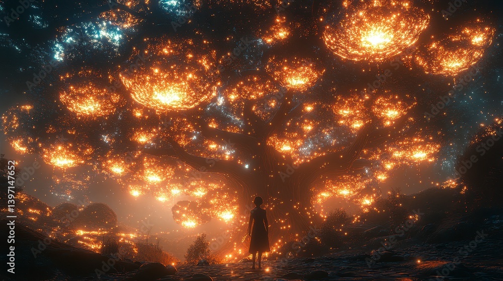 Naklejka premium Luminous tree. Figure stands beneath. Glowing orbs illuminate a dark landscape, fantastical