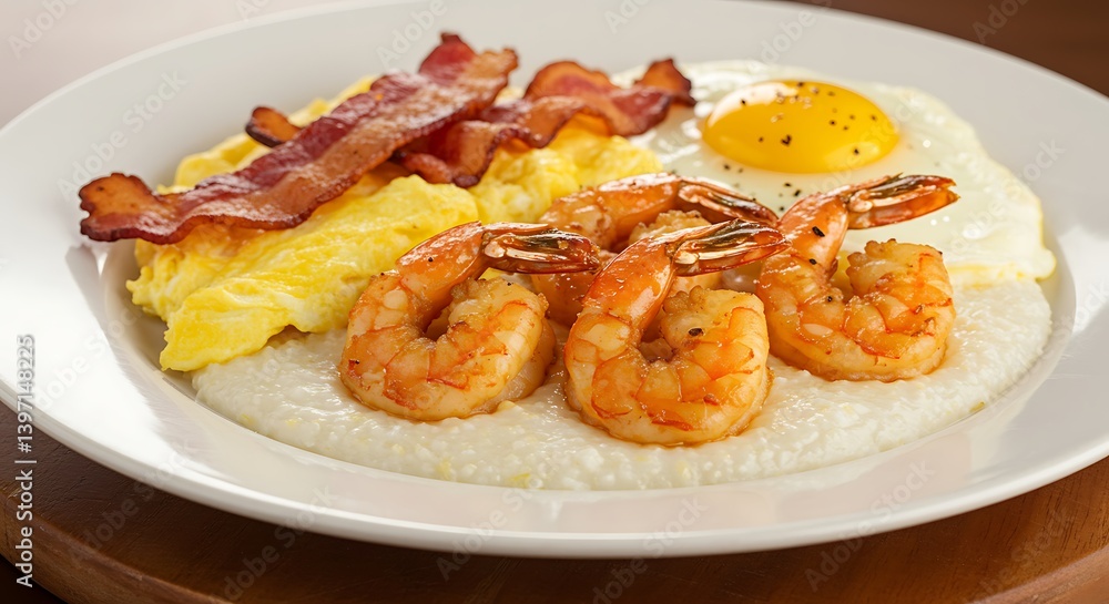 Shrimp and Grits Plated with Egg and Bacon Closeup Shrimp and Grits Plated with Egg and Bacon Closeup