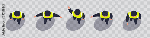 Traffic controller signs. Top view of a policeman in a reflective vest isolated. Gestures for crossing an intersection. View from above. Traffic rules. Driving school test. Vector illustration.