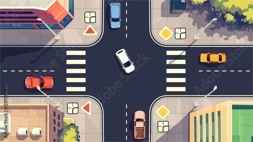 Top view of road intersection with cars and road signs. View from above. Traffic rules. Driving school test. City street with buildings, pedestrian crossing, crossroad. Vector illustration. Flat style