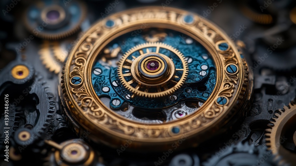Fototapeta premium Intricate mechanism. Gold, blue, and silver gears interlock with tiny screws and rubies