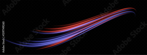 Smooth beam. Red and blue light trails bending upward. Energy flow, speed effect, digital shape, futuristic glow design.