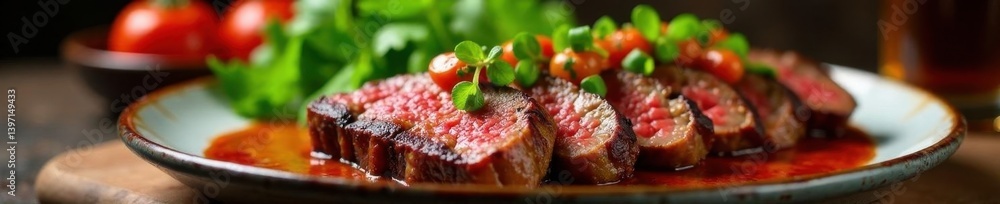 Obraz premium Grilled beef anticuchos, vibrant chimichurri, colorful plate, meat, top view