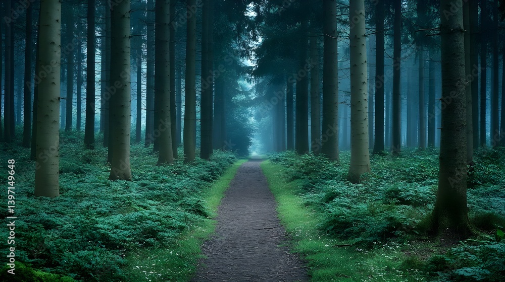 Fototapeta premium Serene Green Forest Path Leading into the Tranquil Distance