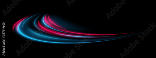 Neon motion. Glowing red and cyan curved trails on black. Smooth flow, energy pulse, futuristic wave, dynamic speed, abstract swirl.