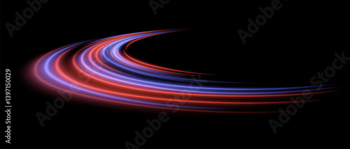 Dynamic arc. Multiple red and blue trails form layered semicircle. Neon glow, energetic stream, smooth digital motion.