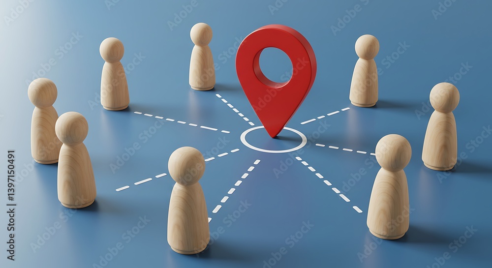 Obraz premium Connecting Wooden Figures with a Red Location Pin Concept