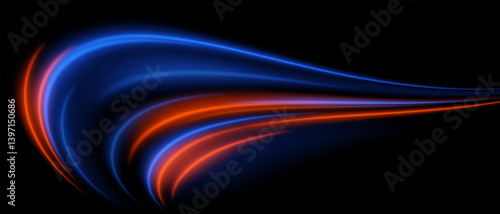 Dual energy flow. Blue and red trails merge in dynamic sweep. Sharp contrast, motion fluidity, tech-inspired arc shape.