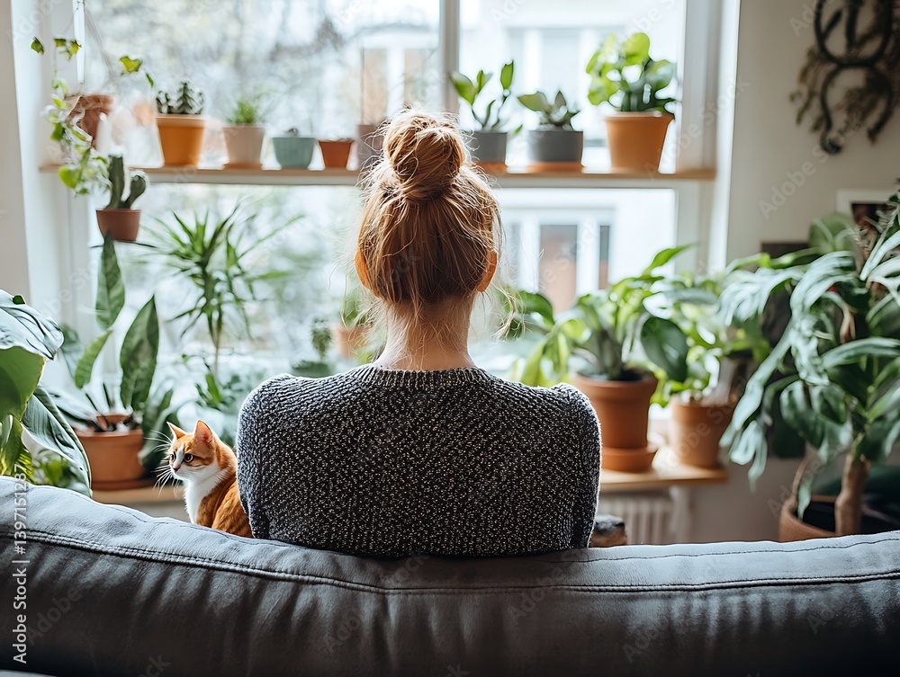 Obraz premium Woman Cat Plant Window View.