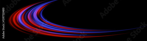 Light curve stream. Red and blue arcs form sweeping circular trail on black background. Smooth neon motion, digital glow shape.