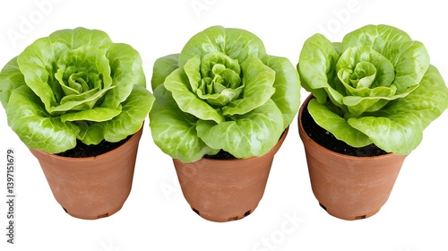 Three Fresh Lettuce Plants in Pots Isolated on White Background