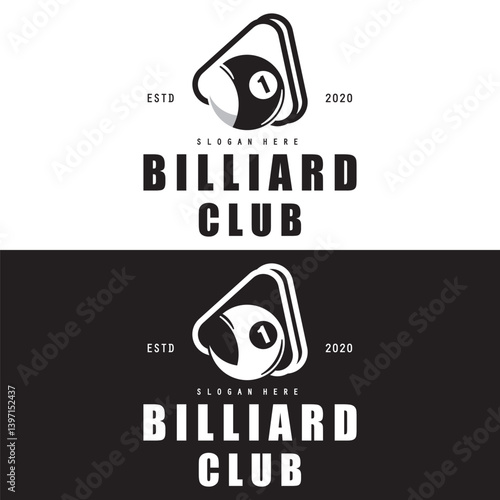 Billiard club logo with ball and stick,  Billiard Sport logo vector template illustration design