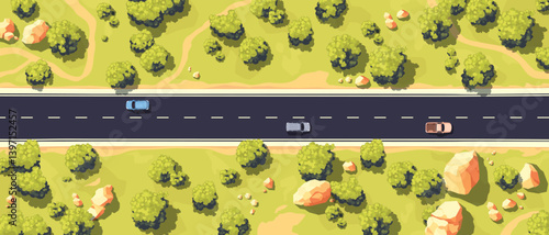 Top view of a road. View from above. Country highway. Wild nature landscape. Car on a straight road. Trees, rocks and walking paths on the sides of the road. Simple cartoon design. Vector illustration
