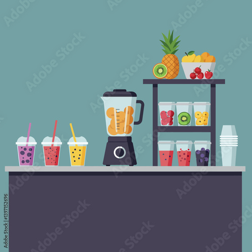 Colorful smoothie bar scene featuring a blender with fresh fruits and various drinks in flat vector art
