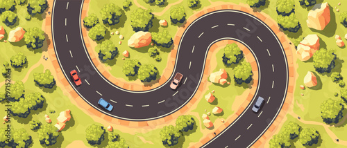Top view of a road. View from above. Country highway. Wild nature landscape. Car on a winding road. Trees, rocks and walking paths on the sides of the road. Simple cartoon design. Vector illustration.
