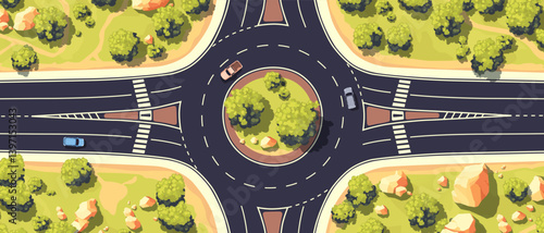 Top view of a roundabout road. Ring intersection. View from above. Country highway. Road markings and walking paths. Cars, trees, rocks set. Wild nature landscape. Cartoon design. Vector illustration.