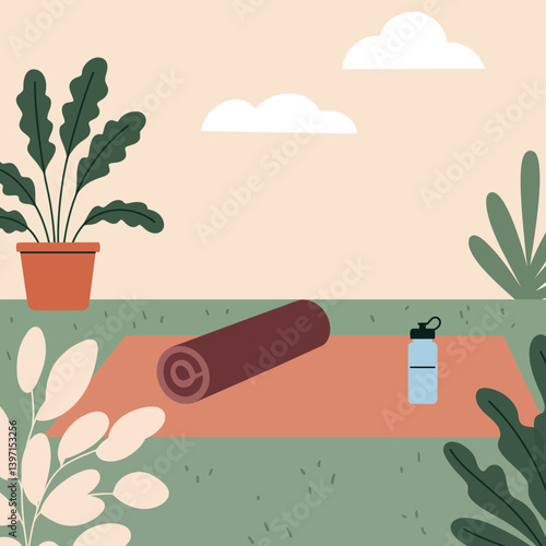 Cozy outdoor yoga space featuring a rolled mat, water bottle, lush plants, and light clouds in a minimal flat vector illustration