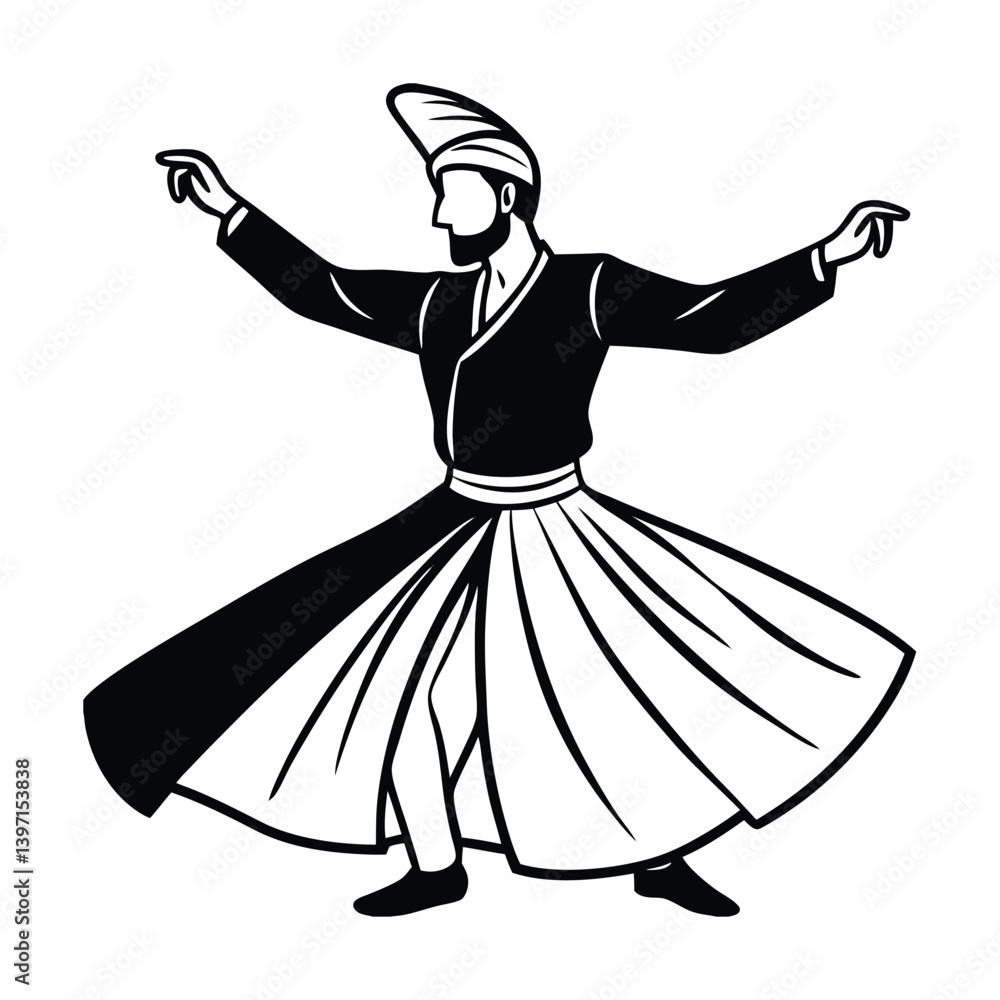 Whirling Dervish Sufi Dancer In Motion Black And White Illustration Whirling Dervish Sufi Dancer In Motion Black And White Illustration