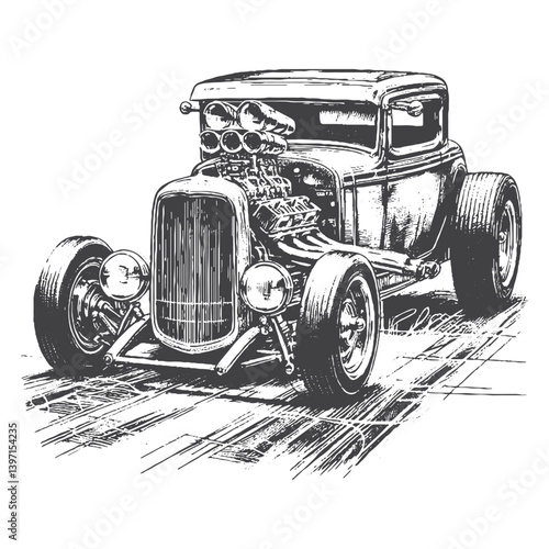 Hand-Drawn Hot Rod Vector – Sketch Style Custom Car Illustration for T-Shirts, Stickers, and Posters.