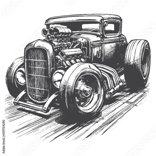Hand-Drawn Hot Rod Vector – Sketch Style Custom Car Illustration for T-Shirts, Stickers, and Posters.
