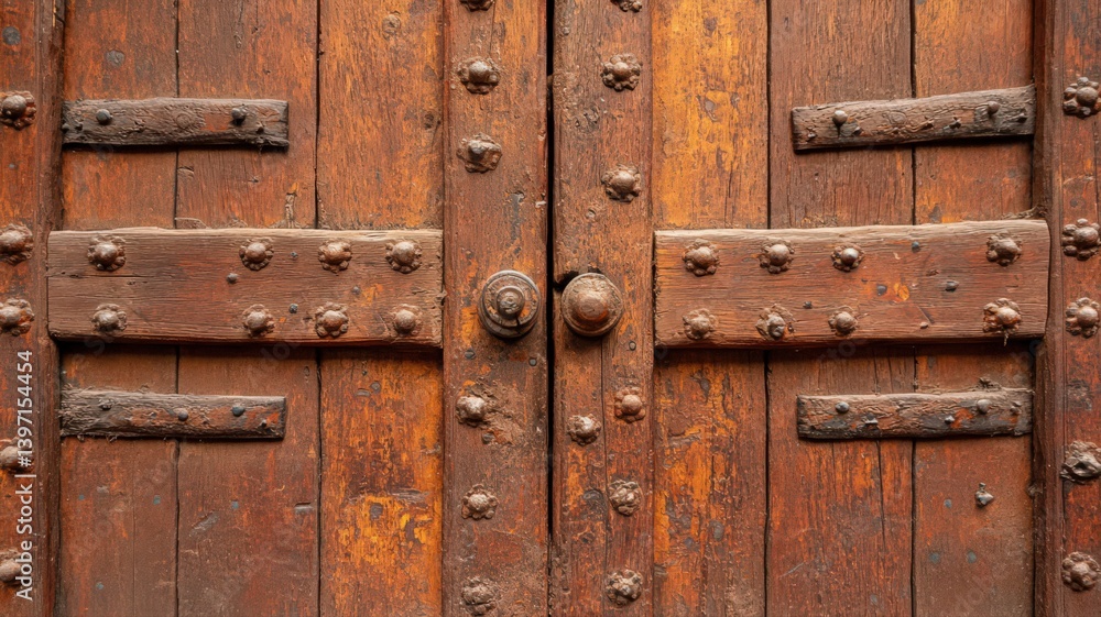 Rusty Wooden Door with Metal Accents Close-Up Rusty Wooden Door with Metal Accents Close-Up