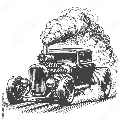 Hand-Drawn Hot Rod Vector – Sketch Style Custom Car Illustration for T-Shirts, Stickers, and Posters.