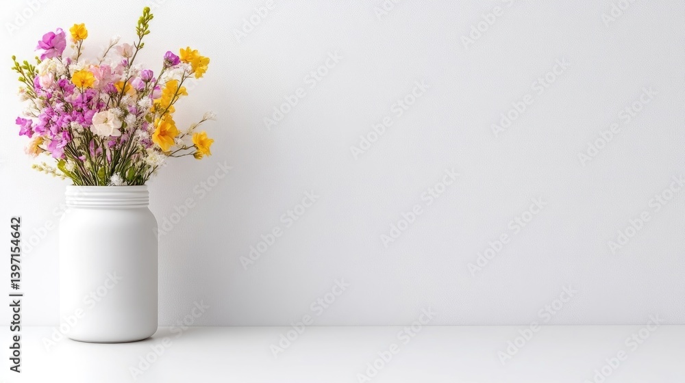 Fototapeta premium Simple, spring bouquet in a white jar against a white wall