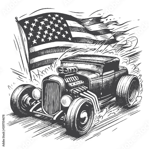 Hand-Drawn Hot Rod Vector – Sketch Style Custom Car Illustration for T-Shirts, Stickers, and Posters.