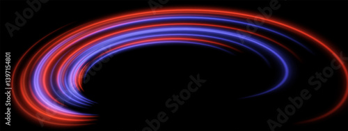Digital arc trail. Red and blue neon beams bend into a circular stream with smooth radiant curves and depth.