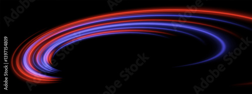 Digital arc trail. Red and blue neon beams bend into a circular stream with smooth radiant curves and depth.