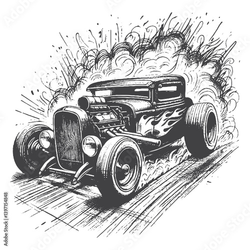 Hand-Drawn Hot Rod Vector – Sketch Style Custom Car Illustration for T-Shirts, Stickers, and Posters.