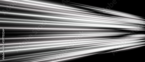 Monochrome motion beam. White horizontal streaks radiate in layered digital flow with luminous speed effect and high contrast.