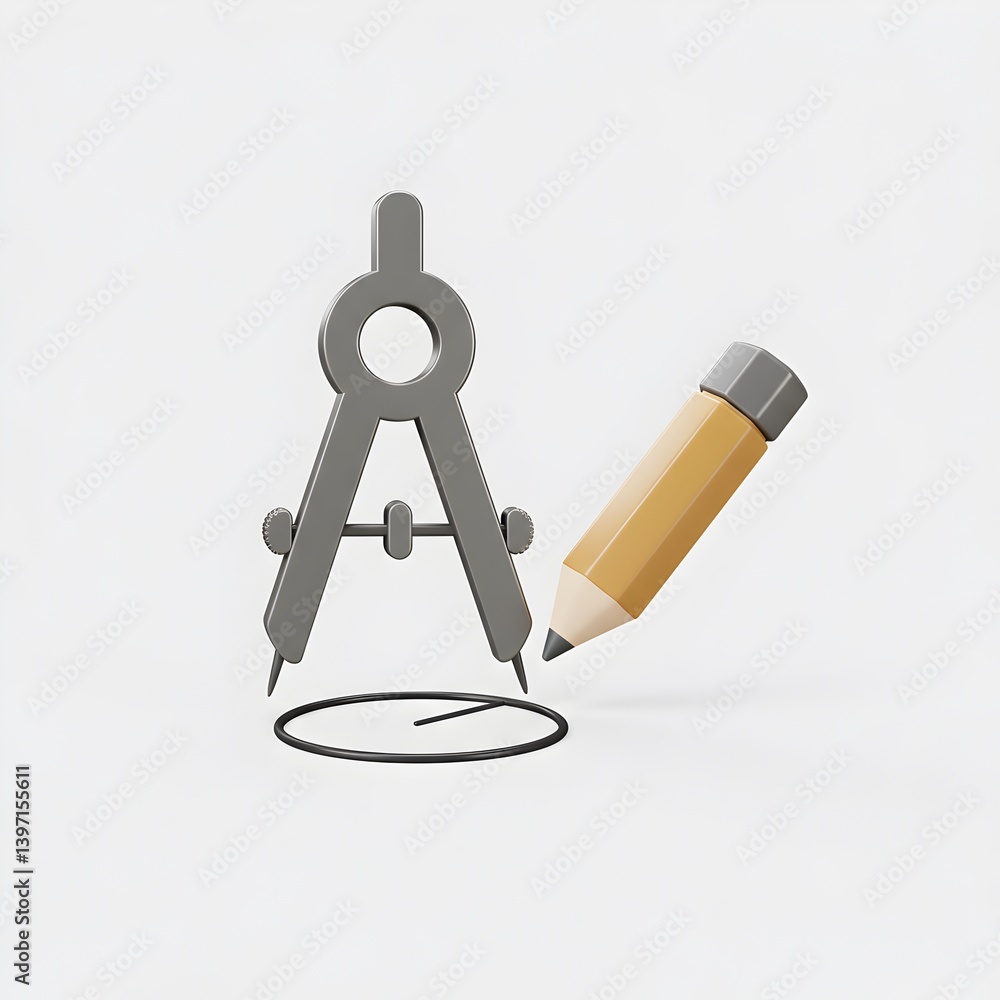 3D Render of Compass and Pencil Drawing a Circle: Design, Geometry, and Creativity 3D Render of Compass and Pencil Drawing a Circle: Design, Geometry, and Creativity