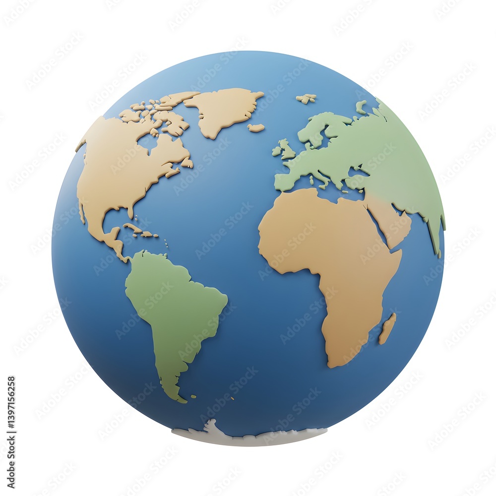 Stylized 3D Model of Planet Earth Global Map Showing Continents and Oceans Stylized 3D Model of Planet Earth Global Map Showing Continents and Oceans