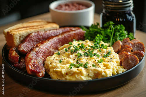 Wallpaper Mural Intimate Moment in the Real Kitchen: Stunning Close-Up Capture of a Satisfying Protein Breakfast with Textured Eggs, Scrambled Feta Cheese, Crispy Bacon, and Fresh Herbs Torontodigital.ca