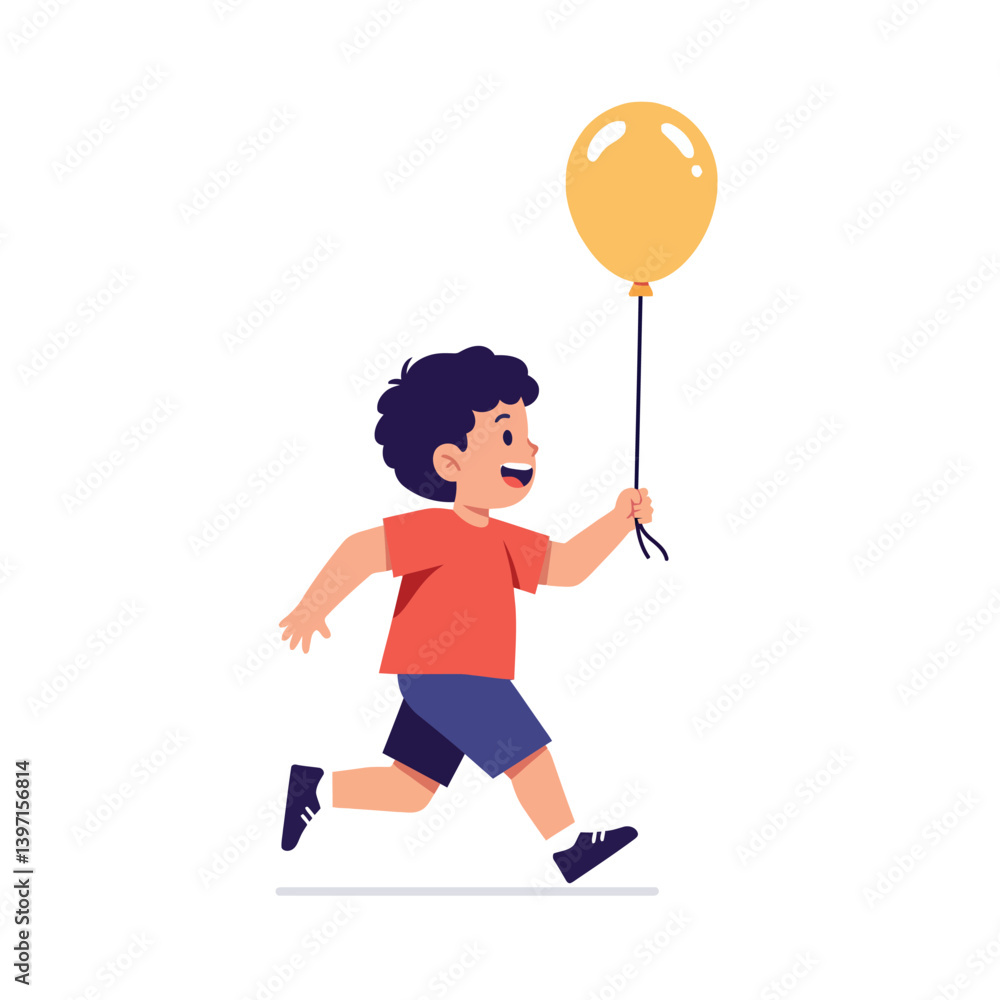 Young boy joyfully running while holding a bright yellow balloon in a flat vector illustration capturing a playful and cheerful atmosphere Young boy joyfully running while holding a bright yellow balloon in a flat vector illustration capturing a playful and cheerful atmosphere