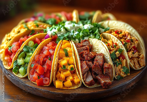 Wallpaper Mural Vibrant Taco Platter Featuring Colorful Shells, Seasoned Meats, Cheeses, Veggies, and Fresh Garnishes for Festive Food Photography Torontodigital.ca