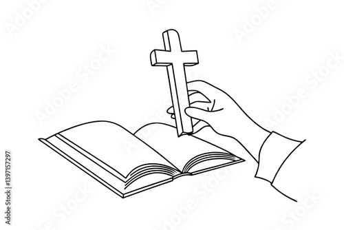 Hand Holding Cross Over Open Book Simple Line Art Illustration