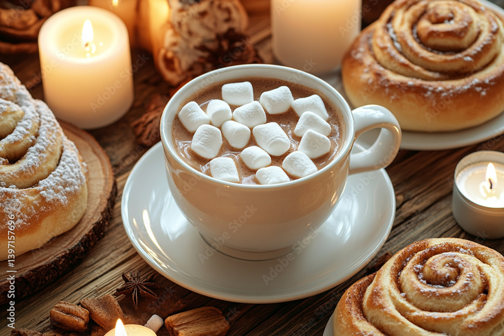 Winter cozy breakfast: cup of cocoa with marshmallows, warm cinnamon buns and candles on the table Winter cozy breakfast: cup of cocoa with marshmallows, warm cinnamon buns and candles on the table