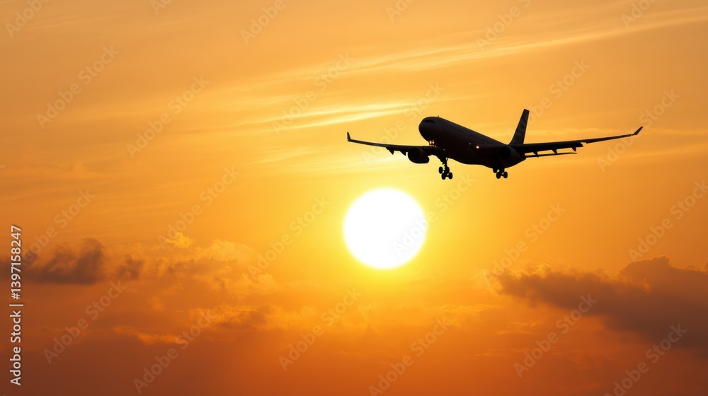 A silhouette of an airplane flying against a vibrant sunset, creating a dramatic contrast with the glowing sun and surrounding clouds. A silhouette of an airplane flying against a vibrant sunset, creating a dramatic contrast with the glowing sun and surrounding clouds.
