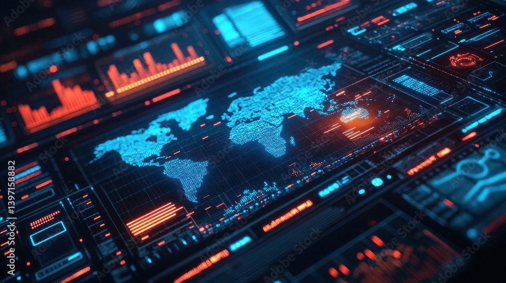 Obraz premium Futuristic digital world map with glowing blue and red data interfaces on a high-tech display.
