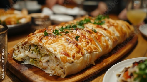 Wallpaper Mural A savory strudel filled with cabbage and other ingredients is presented on a wooden board. The strudel is golden brown and garnished with fresh parsley. The scene suggests a delicious and hearty meal. Torontodigital.ca