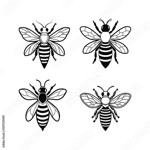 Silhouette bee with detailed wings and striped body 2