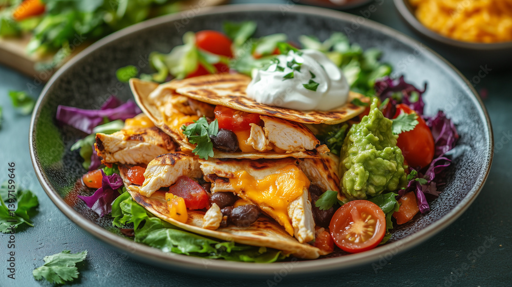 Grilled Chicken Quesadillas Topped with Sour Cream and Guacamole View Grilled Chicken Quesadillas Topped with Sour Cream and Guacamole View