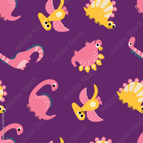 Colorful Cartoon Dinosaurs Pattern. Designs for fabric, textiles, wallpaper, packaging
