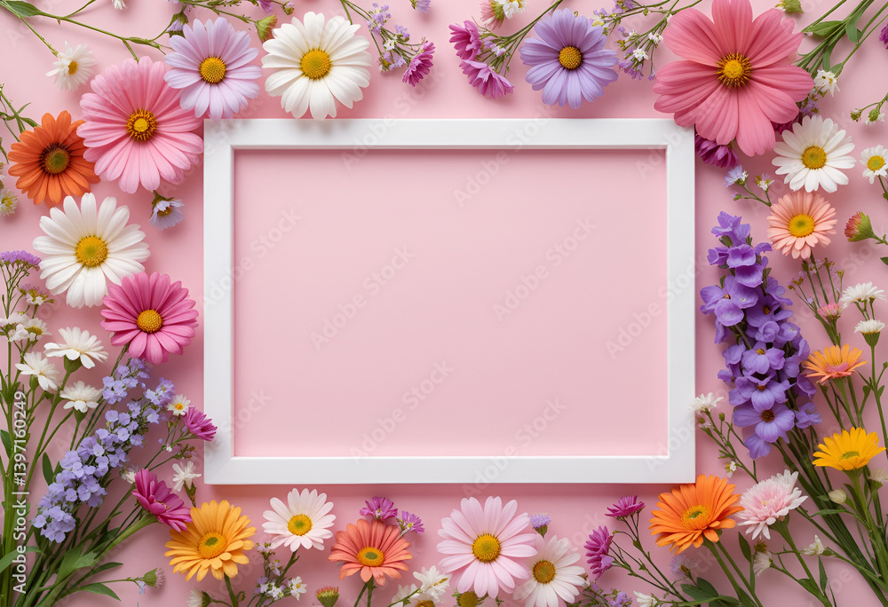 Colorful Spring Flowers Flat Lay with White Frame on Pastel Pink Background – Top View Floral Design, No 129 Colorful Spring Flowers Flat Lay with White Frame on Pastel Pink Background – Top View Floral Design, No 129